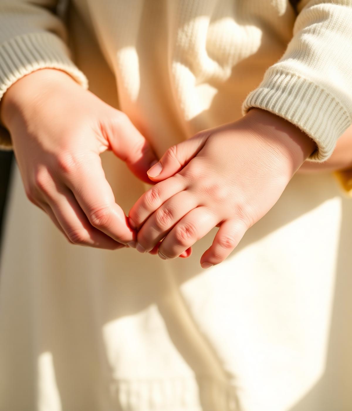 A caregiver gently holding a toddler's hands